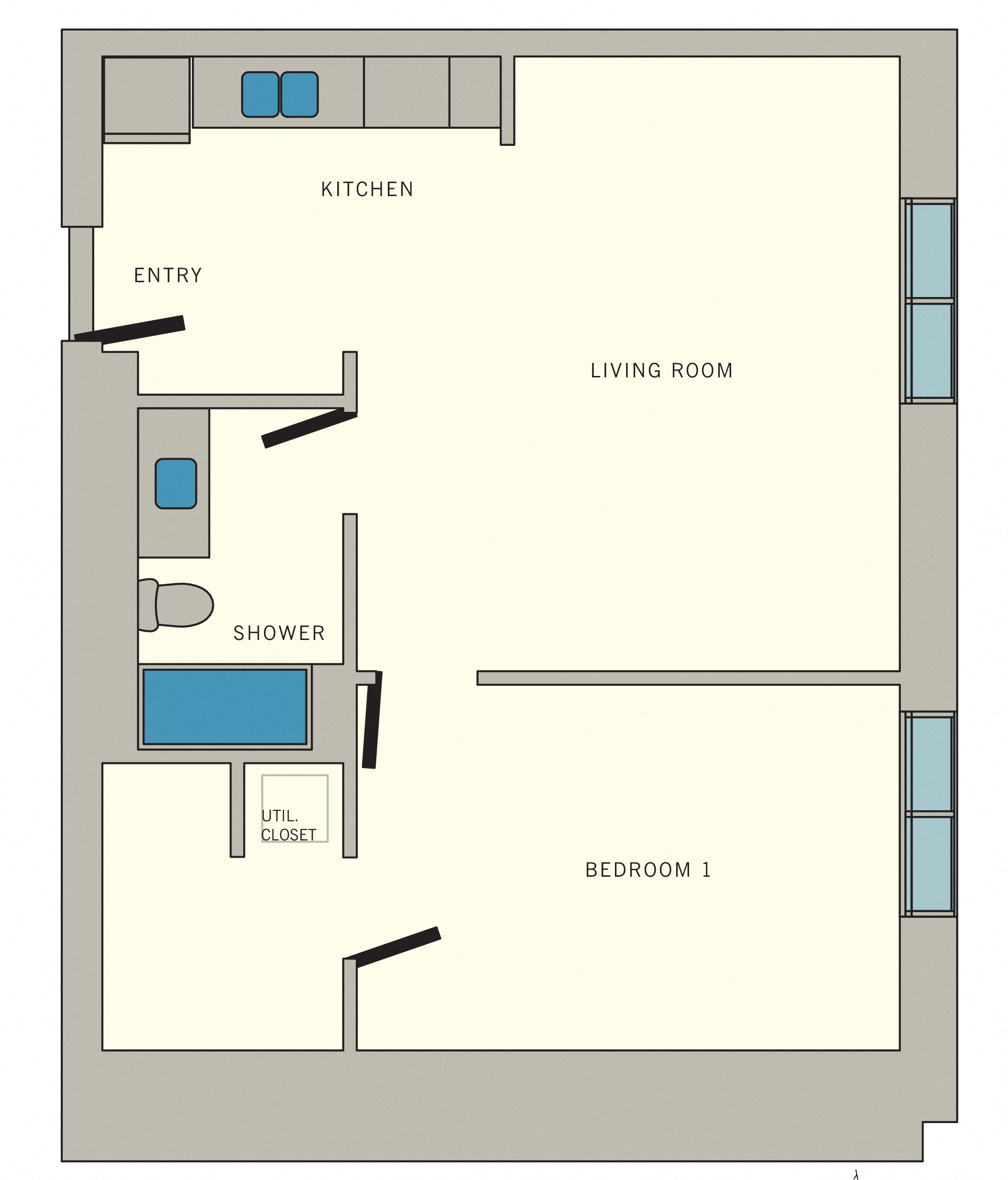 1 bed 1 bath A4 Floor Plan at Aviator at Brooks, San Antonio, TX